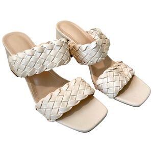 Braid Strap Sandal Off White Chunky Heel Double Strap Mid Heel Size 37 Sz US 6.5